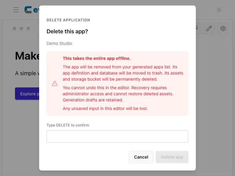 Delete app confirmation and warning