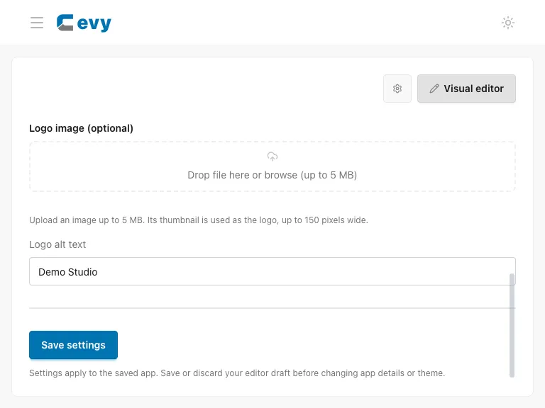 Branding fields, logo upload, and save action
