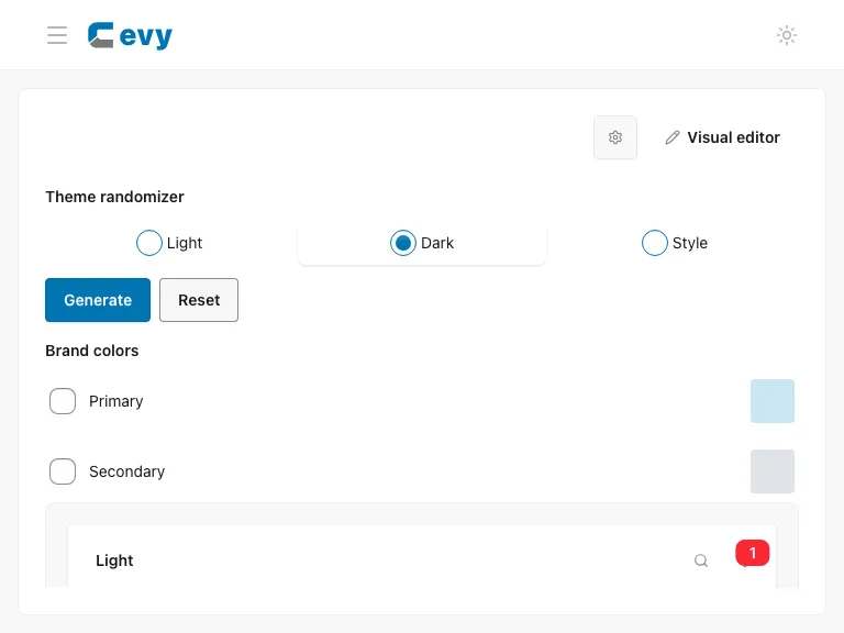 Theme settings in the light-mode editor with Dark selected as the generation target