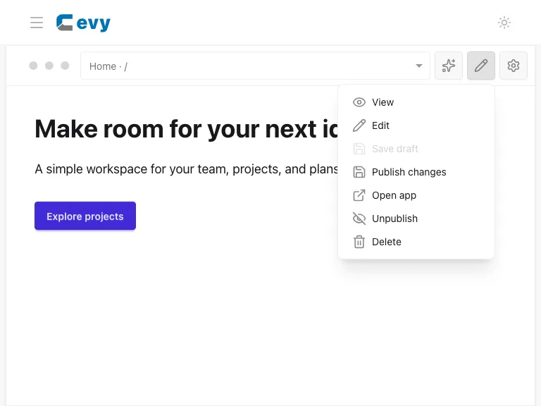Browser actions dropdown showing Unpublish for the published app